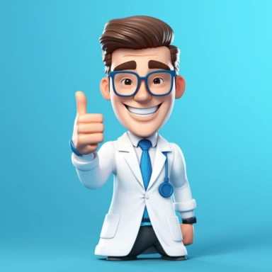 3d render, cartoon character smart doctor wears glasses and shows thumb up. Medical clip art isolated on blue background. Best choice concept. Health care recommendation metaphor