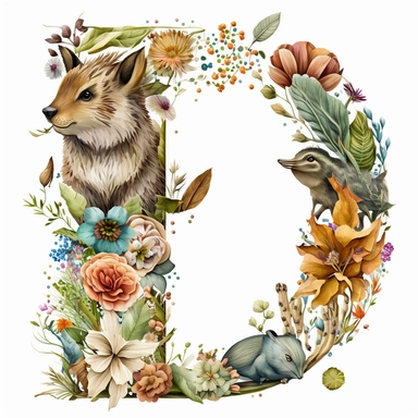 Floral - Animal Alphabet D Cliparts white background with margins + 2D