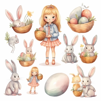 Watercolor easter eggs, illustrations clipart set, simple, soft colors, cartoon elements, different variants, easter elements, jumping bunnies, sitting bunnies ,rabbits, cute little girl, easter eggs in basket, separate elements with a margin