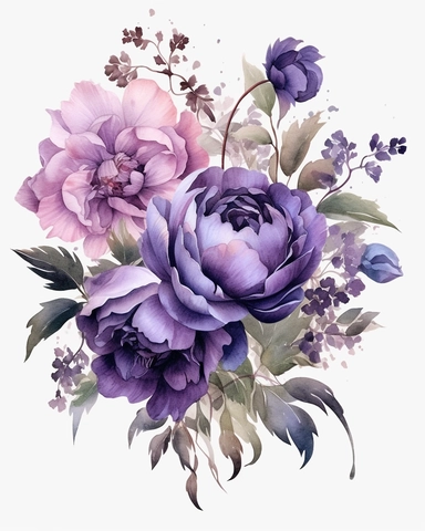 Watercolor Dark Purple Florals, Individual Items, Watercolor Floral Composition, pale green Leaves, Plum Peony Flowers Clipart, PNG, a single flower clipart on transparent background with margins, transparent background