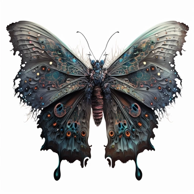 butterfly, in the style of intricate and bizarre illustrations, full body, image only, dark, foreboding colors, realistic yet imaginative, hyper-realistic animal illustrations, sgrafitto, charming character illustrations, watercolor, white background, clipart