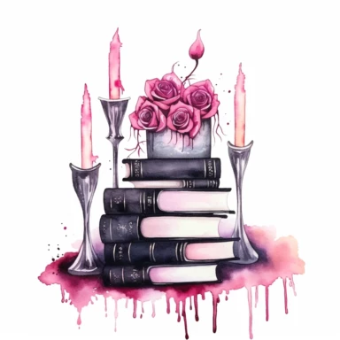 Gothic style books with watercolor effect, suitable for digital clipart, white background, gothic pink scene, gothic colors, gothic tools, gothic roses, dark scene, twinkles