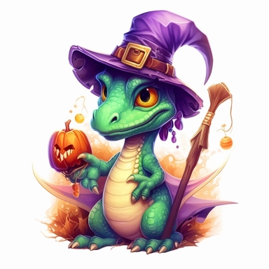 Cute witch dinosaur halloween clipart Sublimation Clipart, Cartoon, hyper realistic, intricate detail, illustration style, high solution, on the white background