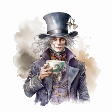 the mad hatter: a young handsome man with grey hair wearing a very big steampunk hat and mechanical coat, and a metallic cup of tea in his hand. Watercolor style, crisp white background, clipart