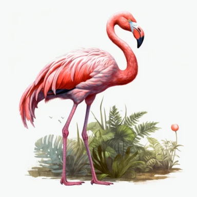 flamingo standing in large tropical forest with full tropical plants, full body, watercolor styles, clear background, Sublimation Clipart,hyper realistic, intricate detail, illustration style, isolated on white background for removing background