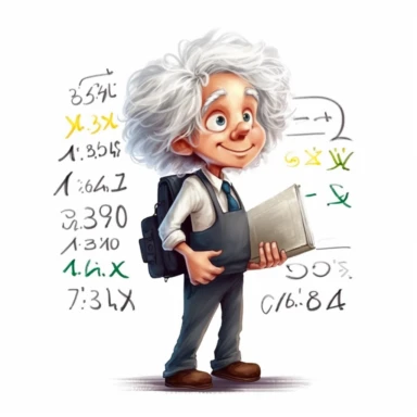 cartoonish young Einstein, 7-13 year, with a backpack and a blackboard with math equations, vector style graphic, positive vibe, clipart, single design, white background.