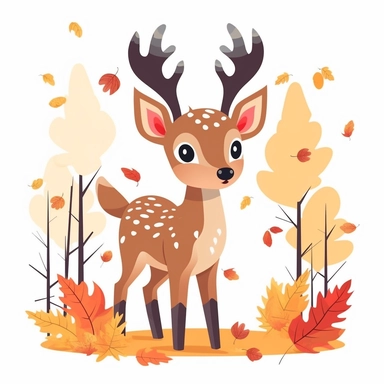 cute vivid clip art of an adorable buck deer in a fall season forest, bold color, white background
