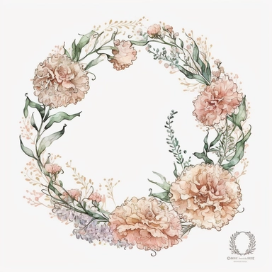 A watercolor clipart featuring delicate carnation flowers arranged in a circular wreath or garland. The flowers are depicted with intricate details, capturing the texture and delicacy of each petal and leaf. The watercolor technique used in the painting gives the image a soft, dreamy quality, with the colors blending together in a way that suggests movement and life. The circular design adds an elegant and sophisticated touch to the image, making it suitable for a variety of occasions such as we