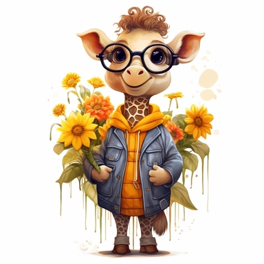 cute baby giraffe clipart, full body, wearing jacket, smile, sarrounding with small plants, eyeglasses