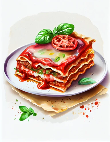 detailed watercolor lasagna on a plate, realistic, isolated on white background, clipart