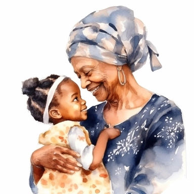 Mother's Day Clipart, Watercolor, Grandmother and Granddaughter, Black, Happiness, Love, Kindness, Life, Clipart, Photorealistic