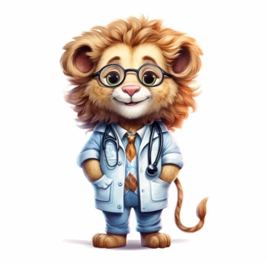 cute Lion character wearing doctor clothes and doctor element with happy face,front facing on isolated background,with happy face and expression,Animal Sublimation Clipart,no splash watercolor,white background, ultra detailed clipart, cut out image, colorful watercolor realistic, cartoon style, ultra HD, sharp and clean art