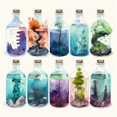 watercolor biomes in a bottle clipart, details, deviantart