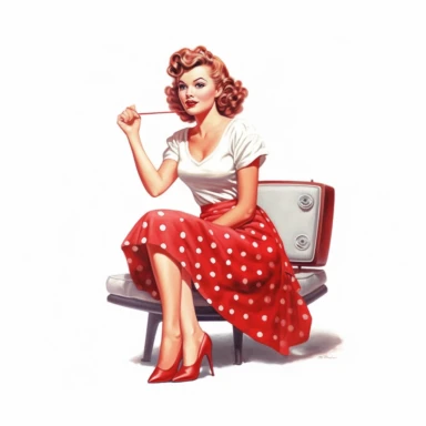 Beautiful pretty pin up young woman, red polka dots, dusting retro TV, weaing red heels, 50's, paint art style, detail, clipart, white background, superrealistic,