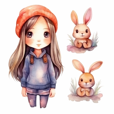 watercolor girl and a bunny, illustrations clipart set, simple, cartoon elements, different variants, separate elements with a margin