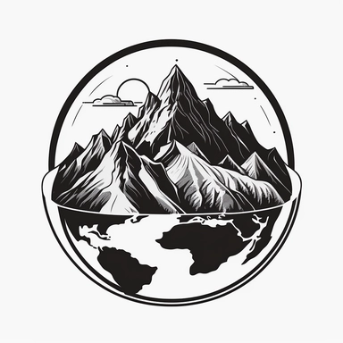 A black and white clipart line art simple logo. The globe of the earth with a giant mountain sitting on top of it.