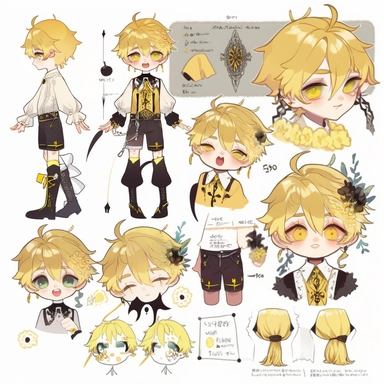 character sheet, knoling, clipart, inventory catalog, cute chibi character, golden wavy long hair, long bangs, yellow-green eyes, flat chest, beautiful young boy, gothic, frill, lace shirt, high West brown shorts, yellow bird, mimosa, yellow jewelry, ribbon