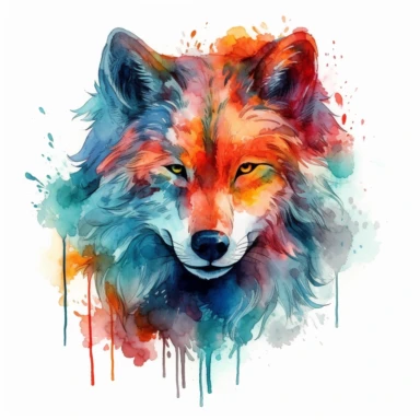 A wolf's head or a full-body image, symbolizing strength, courage, and leadership, fire, watercolor art, clipart