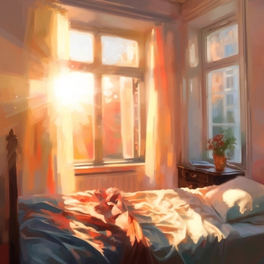 The morning sunlight shines into the window, and there is a bed in the room with oil paintings, White background, Clip Art Style