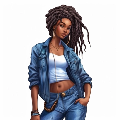 Maya, with her rich ebony skin and a crown of majestic dreadlocks, radiated strength and confidence. Her dark skin seemed to capture the essence of the night sky, exuding a natural beauty that was undeniably captivating, hand drawn, ultra realistic, Denim girl clipart, Denim clipart, Fashion girl clipart, wearing denim shorts, brown leather sandals, Jeans Girl Clipart, African American clipart, Afro girls clipart, Clipart, ultra realistic, hand drawn, wearing the white crop tops, all with beauti