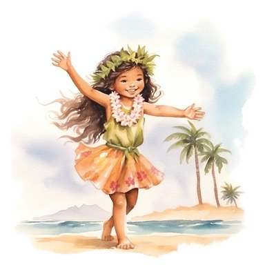 watercolour, beautiful soft colours, tropical island setting, showcase an adorable little Hawaiian girl doing the hula on the beach with her family, she feeling is happy, celebration, they are all wearing flowers in their hair, beautiful clipart style