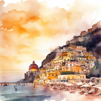 Positano Beach at sunset, watercolor clipart, in the style of charming illustrations, meticulous design, painted illustrations, ferrania p30, sharp details, rich details, free brushwork, isolated white background