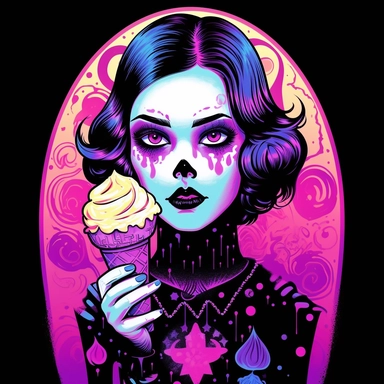Illustrate a clipart image showcasing a goth woman with radiant eyes that shine brightly eating a glow in the dark, neon, ice cream on a cone. Use a rich and diverse color palette to enhance her appearance, and ensure the image is detailed and crisp. The background should be pure white