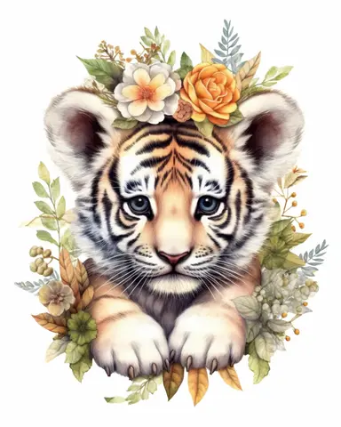 detailed watercolor Baby tiger with flowers, hyper realistic, isolated on a white background, clipart