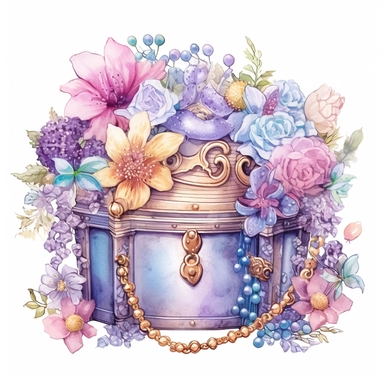 clipart, isolated on white background, Watercolor spring ornated treasure chest with jewelry and cancer, detailed, flowers and plants, ornated, pastel colors