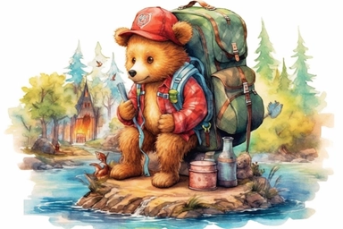 Adorable bear on adventure, camping gear, vivid colors, ornamental watercolour clipart, I can't believe how beautiful this is