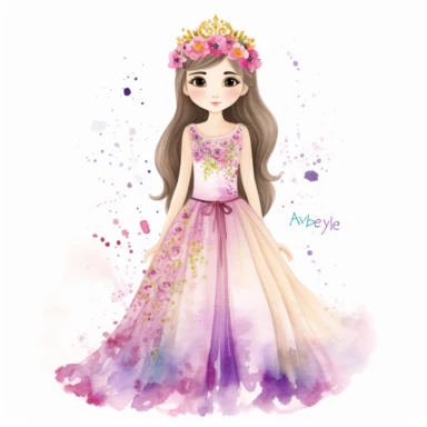 .''princess alya full body watercolour clipart high quality'' smilee face large dress