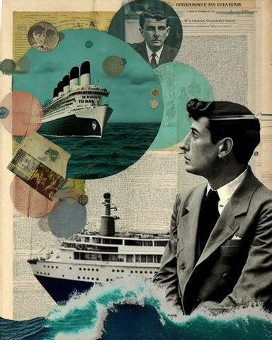 man from the 1950s, 30 year old man, mixed media, cruise ship, ocean, collage, arts and crafts, mixed media, music, magaine style, retro, vintage, wheelchair, surreal, newspaper clippings, layered collage, spiral composition, scrapbooking, 8k, collage, scrapbook, photography