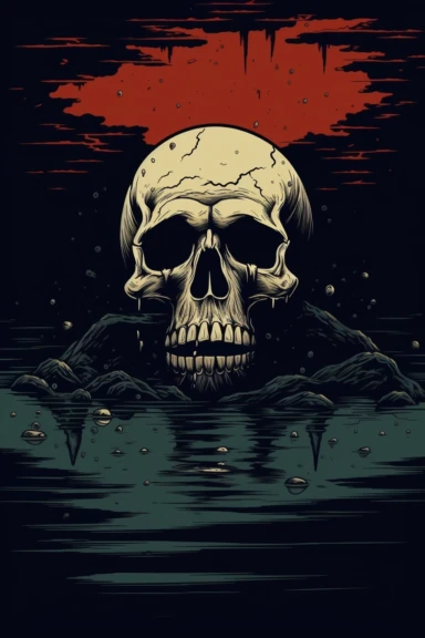 skull rising from the dark mud, art by Jamie Hewlett, vectorized minimalism clipart, ultrasharp, hq 4K