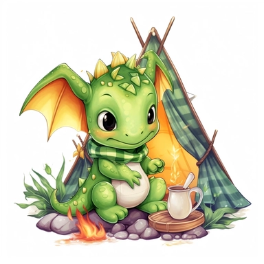 Super Cute fantasy baby Camping dragon clipart, white background