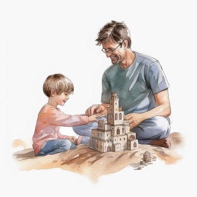 A father and son building a sandcastle on the beach, Watercolor, Clipart, detailed, high resolution, transparent background PNG