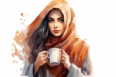 watercolor illustration of Saudi girl drinking coffee clipart white background, HDR, 8k