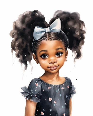 a little black girl portrait in watercolor Disney style clipart on white background, hugh eyes, sarah kay, holly hobbies, valentines day
