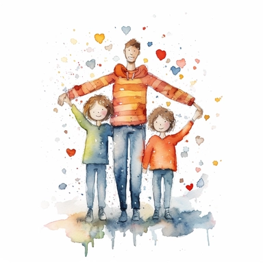 Love in you, together we are strong, family, full body, happy faces, powerful, self love, self confidence, strong, clear white background, self love, self confidence, watercolor, simply drawn for children book, handrawn watercolor graphic clipart, 16k