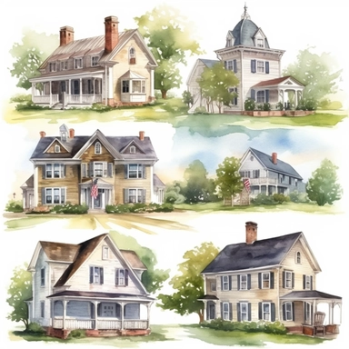 american Country HousesWatercolor clipart Pack, 8K, high resolution, high detail