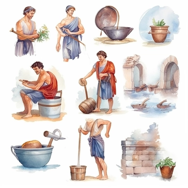 Watercolor roman people performing daily tasks , illustrations clipart set, simple, , cartoon elements, different variants , , marble elements, separate elements with a margin