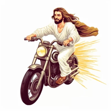 Jesus Christ Is Riding Motorcycle clipart, Cartoon, hyper realistic, intricate detail, illustration style,high solution,on the white background