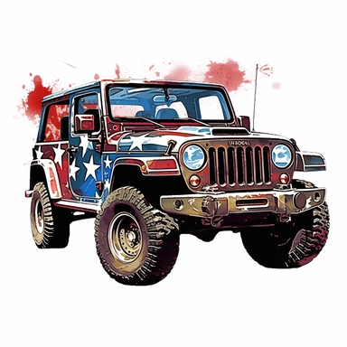 Military jeep equipped for USA independence day, painted in flag colors, Pixar style, vibrant colors, clipart with white background, - - v 5