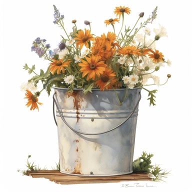 202972 watercolor for a clipart with a white background of wildflowers growing in a rusty metal bucket, hyperrealism, painted by Bo Bartlett