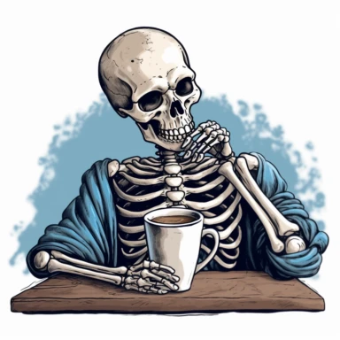 a clipart of a tired skeleton drinking hot cup of coffee trying to stay awake, vintage style, clear transparent background