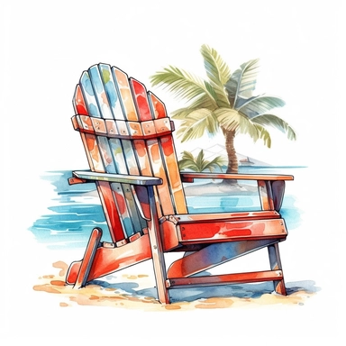 Cute Beautiful Beach Chair Tropical Watercolor Sublimation Clipart,Cartoon, hyper realistic, intricate detail, illustration style,high solution,on the white background