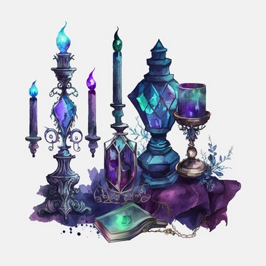 Many Gothic style Magical Diamonds on the table with watercolor effect,mystical magic books,victorian style candlestick,fantasy scene, suitable for digital clipart,dark colours,purple color,blue color,green color,white background