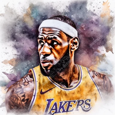 a clipart of a ultra detailed watercolor Lebron James basketball player in Los Angeles Lakers with a Los Angeles Lakers Logo watercolor as background, v4 ar 2:3