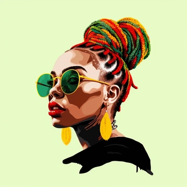 a beautiful black woman with braids updo and green, black queen vibes, yellow and red hair beads, sunglasses on, juneteeth art, watercolor clipart