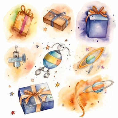 Eleven watercolor Cliparts by Thomas W. Schallerof of celebration gift box features a watercolor design with a space explorer theme . The box is rectangular in shape and tied with a coordinating ribbon and a small spaceship charm