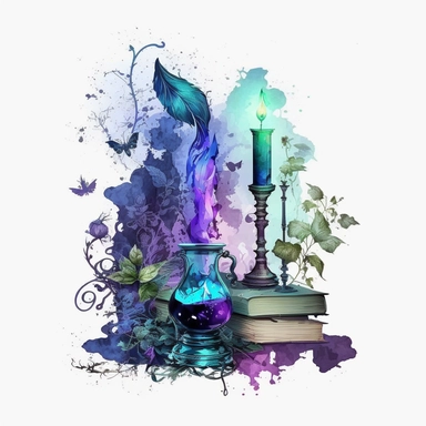 Gothic style Magical wizard inventory on the table with watercolor effect,mystical magic books,victorian style candlestick,fantasy scene, suitable for digital clipart,dark colours,purple color,blue color,green color,white background